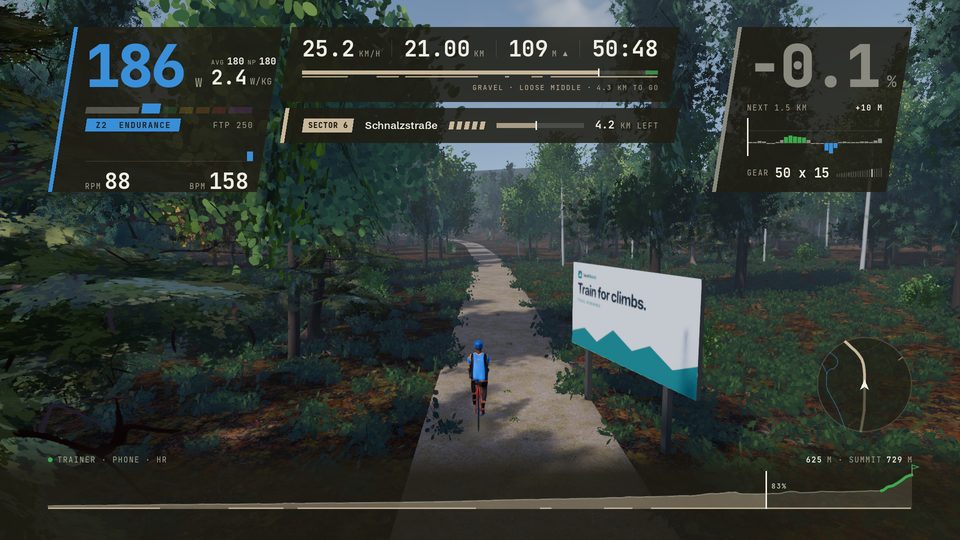 Sector 6 of the Ammer track, the Schnalzstraße: five stars of gravel with 4.2 km of it left, at 25 km/h on 186 W